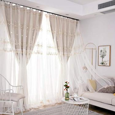 Imagem de Cortina blackout de camada dupla bege, blackout misto de voile bordado em camadas sólido lápis plissado painel de cortina, para sala de estar, quarto de menina, sobreposição de tule, isolamento