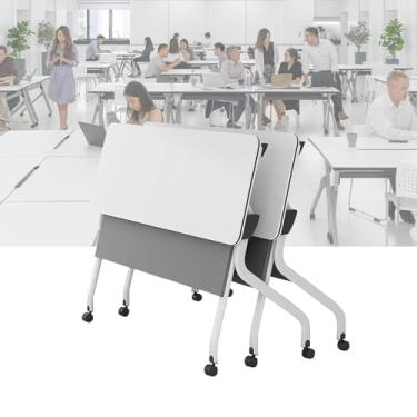 Imagem de Mesa de conferência dobrável mesa de conferência 140 cm pequena retangular reunião seminário mesa dobrável com rodas silenciosas mesa de treinamento móvel solução para escritório mesas de negócios