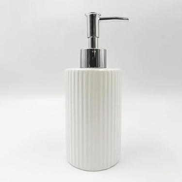 Imagem de Porta Sabonete Líquido 350ml em Cerâmica Branca – Frasco Redondo com Válvula Prata para Banheiro e Lavabo | Elegante e Durável(KB3102 BRANCO)