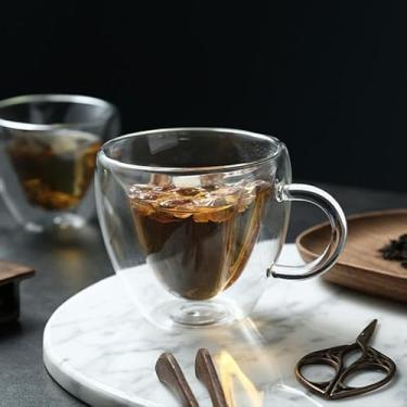 Imagem de Caneca de coração pêssego de 240 ml, caneca de café de vidro de parede dupla, xícara de chá transparente com alça, vidro de borossilicato isolado, perfeita para bebidas quentes/frias