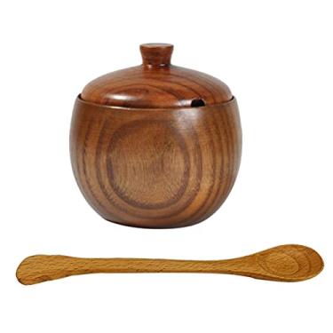 Imagem de Açucareiro com tampa, pote de tempero de madeira, açucareiro com colher e tampa para utensílios de cozinha para potes de especiarias