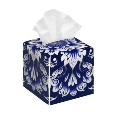 Imagem de Porta-lenços de papel quadrado de couro impermeável étnico damasco azul facial organizador de papel com cinto inferior cubo estojo de lenços para mesa banheiro escritório mesa carro decorativo