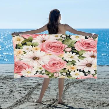 Imagem de hongjinglin Toalha de praia absorvente de secagem rápida flor rosa branca retro microfibra leve toalha de piscina toalhas de banho macias sem areia para praia, natação, banheiro, chuveiro, acampamento
