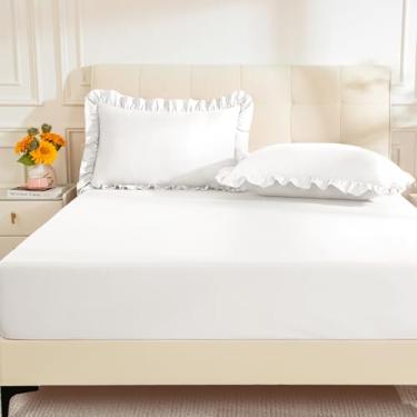 Imagem de KKJIAF Lençóis King com 2 fronhas de babados, microfibra escovada com bolso profundo de 40,6 cm, lençóis de cama respiráveis confortáveis, brancos (sem lençol de cima)