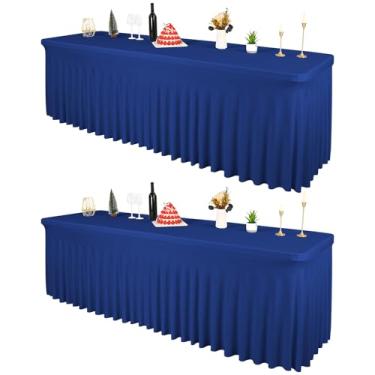 Imagem de 2 pacotes de roupas de mesa de elastano azul marinho para mesas retangulares de 2,5 m, capa de mesa resistente a rugas, saias de mesa elásticas laváveis para casamentos, festas, banquetes, festivais
