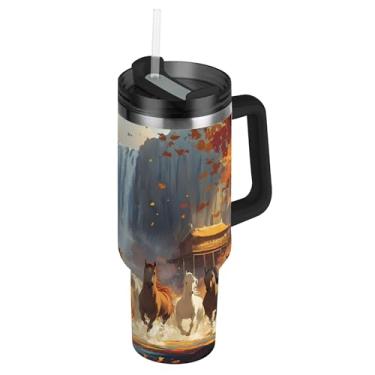 Imagem de SEHANY Copo Majestic Horse 1,134 g com tampa e canudo, aço inoxidável de vácuo duplo isolado garrafa de água esportiva suporte para copo de café de viagem à prova de vazamento para bebida gelada