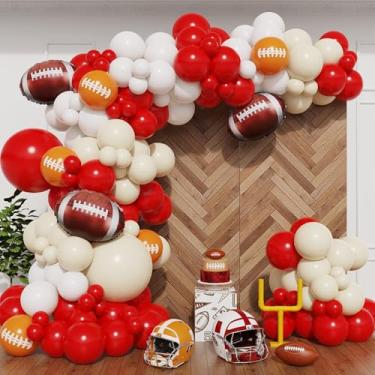 Imagem de Kit de arco de guirlanda de balão de futebol, 129 peças de balões de látex branco marfim vermelho e branco com balões de alumínio de futebol para tema esportivo de rúgbi, aniversário, toque, chá de