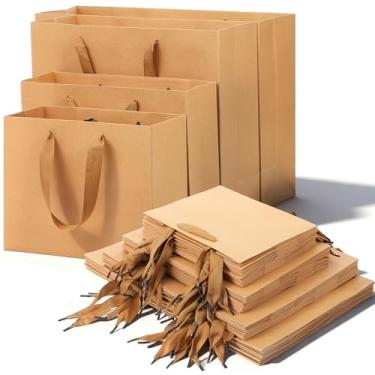 Imagem de Meyeyaia Pacote com 40 sacos de presente de papel marrom com alças, sacos de presente de Natal a granel, 4 tamanhos, sacola de compras de sobremesa para compras, varejo, mercadoria, lembrancinha de