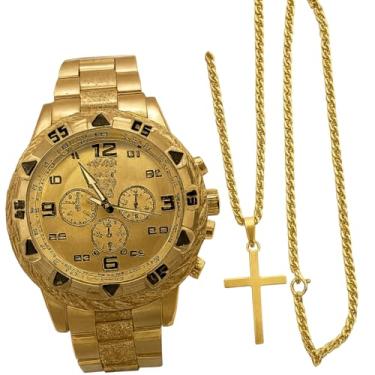 Imagem de Kit Relógio Masculino banhado a ouro ORIGINAL com Corrente e Pingente de Cruz aço inoxidavel – Acessório de Luxo Premium, anti furto , a prova da agua ,Design Imponente, Estilo Sofisticado para presença vip , Homens de Presença