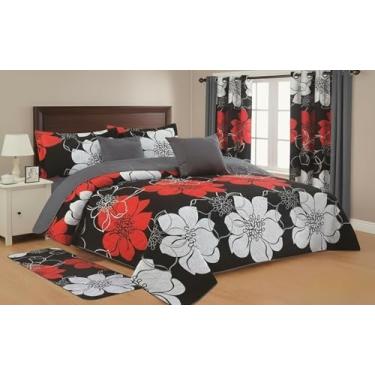 Imagem de JKCCZLL Conjunto de 12 peças de colcha Queen Size floral com cortinas combinando, lençol com elástico preto Queen