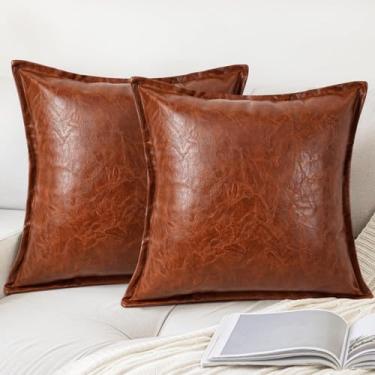 Imagem de cygnus Capas de almofada de couro sintético, 50 x 50 cm, couro vegano, texturizada, com borda de flange, almofadas decorativas modernas e luxuosas para sofá, sala de estar, quarto, decoração de casa