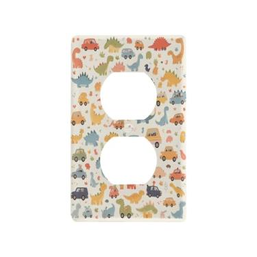 Imagem de Blueangle Placa de parede de tomada dupla com dinossauros de carros fofos, tamanho padrão, 1 gangue, para decoração de quarto de escritório em casa, 4,53 x 2,76 polegadas (269)