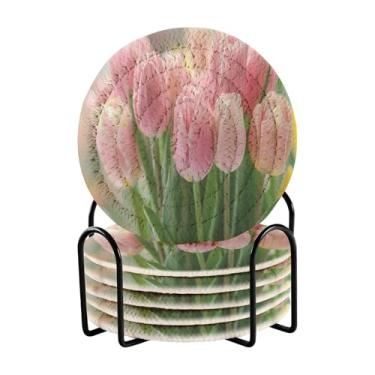 Imagem de Qilmy Conjunto de 6 peças de copos de tulipas coloridas bonitas ou porta-copos de bar para bebidas, porta-copos de fazenda ou porta-copos de mesa rústicos, porta-copos modernos de algodão para o