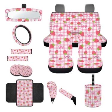 Imagem de Finagallathe Capas de assento de carro com estampa de laço de morango, conjunto completo com acessórios, inclui capa de volante, almofada de apoio de braço, almofadas de cinto de segurança dentro da