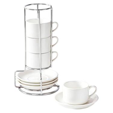 Imagem de ＫＬＫＣＭＳ Conjunto de 4 xícaras de café de cerâmica com pires, multifuncionais, com suporte, acessórios decorativos criativos para cafeteria, Branco
