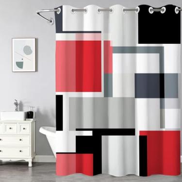 Imagem de KINUUIS Cortina de chuveiro vermelha 71x74 sem ganchos, fácil instalação, cortinas de chuveiro listradas vermelhas pretas e brancas para banheiro, cortina de banheiro geométrica à prova d'água para
