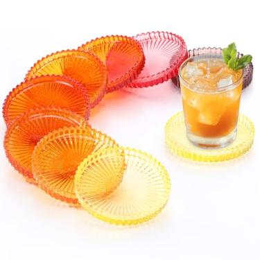 Imagem de Queekay Conjunto de 8 porta-copos de vidro colorido vintage porta-copos de vidro para bebidas decoração de mesa de centro para escritório, cozinha, bar, sala de jantar, sala de estar, pátio (laranja