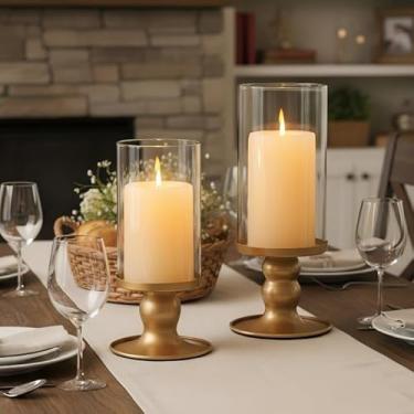 Imagem de NITIME 4 peças de castiçais Hurricane para velas de pilar, castiçais dourados com manga de vidro transparente para centros de mesa, castiçais de pilar para decoração de casa de Natal, férias