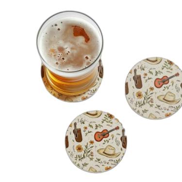 Imagem de Porta Copos Com Ilustração Personalizada Floral Chapéu Cowboy Guitarra - Tamanho 10x10 cm