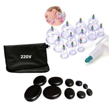 Imagem de Kit Ventosas 12 Copos + 12 Pedras Quentes Basalto Vulcânicas (220v)