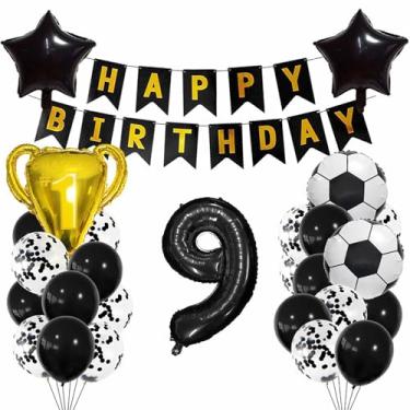 Imagem de Balão de futebol preto, 28 peças, balões metálicos de 9 anos. Decoração de futebol de 9 anos, 9 balões de troféu de futebol, ouro preto, tema esportivo, decoração de festa para crianças, meninos