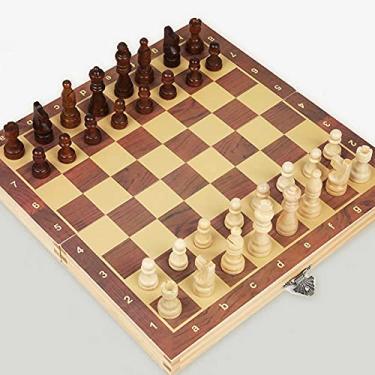 Imagem de Conjunto de xadrez madeira maciça com tabuleiro damas dobrável para crianças iniciantes - design caso portátil