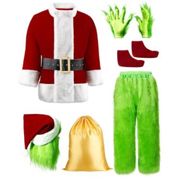 Imagem de Asvsua Fantasias de Papai Noel verde de luxo para homens, 8 peças, fantasias de Natal e Halloween, roupa de Papai Noel verde para adultos, Verde, GG