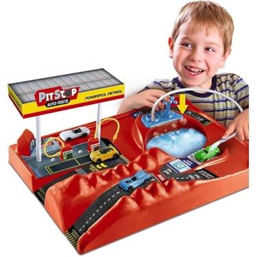 Imagem de Pista Pit Stop Infantil com 2 Carrinhos Miniatura | Brinquedo de Corrida Educativo | Circuito Automobilismo para Crianças, Lava Rápido e Posto de Combustível, Sai Água