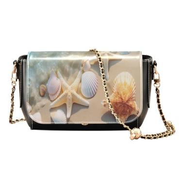 Imagem de GAIGEO Bolsa tiracolo de couro com duas flores pintadas, bolsas transversais de couro para mulheres, bolsas transversais de couro, Estrelas e conchas na praia-1, One Size