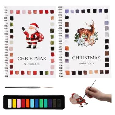 Imagem de Conjunto de tinta aquarela de Natal – Livro de exercícios em aquarela, paleta de tinta de 12 cores incluída, diário de arte encadernado em espiral para iniciantes, adultos, prática de pintura e