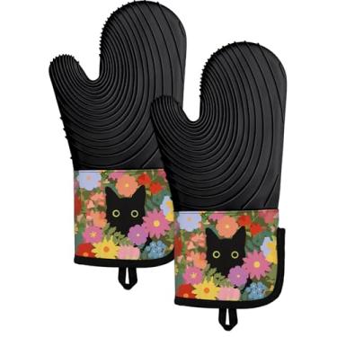 Imagem de Slohif Luvas de forno longas de silicone resistentes ao calor para mulheres - 2 peças de luvas de forno de gato preto 100% algodão, luvas de forno de silicone antiderrapantes e impermeáveis com gancho