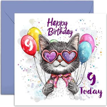 Imagem de Cartão de aniversário para menina de 9 anos - gato legal com balões cartão de aniversário para menina de 9 anos - gatinho fofo e fofo de 9 anos - cartão de arte - neta, sobrinha