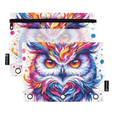 Imagem de GAIGEO Bolsa para lápis de pintura de coruja fofa em aquarela com 3 anéis, fichário com zíper, fichário escolar, bolsos transparentes para meninas, 25 x 18 cm, 2 pacotes
