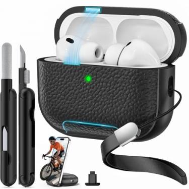 Imagem de Polislime Capa para AirPods Pro 3 2025 com trava magnética e suporte de telefone, textura vulcânica TPU para AirPods Pro 3 gerações, capa com alça de pulso e limpador, capa para iPod Pro 3 para homens