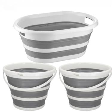 Imagem de Kit Com 1 Cesto De 26 Litros Retrátil de Silicone E 2 Baldes De 10 Litros Retrátil Dobrável Silicone