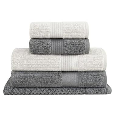 Imagem de Jogo de Toalhas de Banho Caneladas Fio Penteado 5 Peças 100% Algodão Alta Absorção(Cinza)
