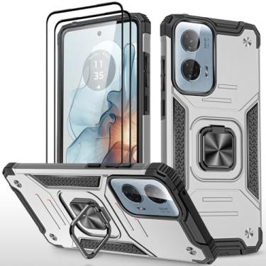 Imagem de HONG-AMY Capa para Moto G Stylus 5G 2024 com 2 peças de protetor de tela de vidro temperado, grau militar duplo à prova de choque com suporte - prata