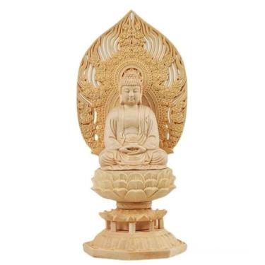 Imagem de FENNYYAR Estátua de Buda Shakyamuni Decoração de Escritório em Casa Artesanato de Escultura à Mão em Madeira, 29 cm 29 cm, Escultura de Lótus Decoração Fengshui
