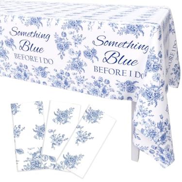 Imagem de AIBIIN Conjunto de 3 peças de toalha de mesa azul para chá de panela, Something Blue Before I Do Bridal Show, toalha de mesa de plástico floral azul Miss to Mrs, artigos para festa de noivado