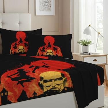 Imagem de Allenjoy Jogo de lençol casal Titan Chronicles anime japonês com bolsos profundos até 40,6 cm para decoração de quarto com 2 fronhas SC00051-009
