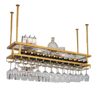 Imagem de Organizador de taça de vinho de metal, bicamada de prateleira de exibição de vinho, suporte de garrafa de teto de metal, largura/altura ajustável, placa de colocação de acrílico, taça de champanhe de