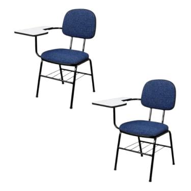 Imagem de Kit 2 Cadeira Universitária Secretária com Prancheta e Gradil, Estrutura Metálica Preta, Estofado Preto, Suporta até 120kg, (Azul)