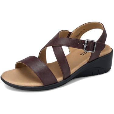 Imagem de SHIBEVER Sandálias femininas estilosas: sandálias de dedo aberto com fivela no tornozelo - Confortável casual caminhada verão cunhas baixas, 01 - vinho tinto, 35