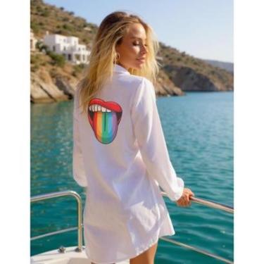 Imagem de Saida de Praia Feminina Longa Personalizada com Estampa Nas Costas Arco Iris Trend Moderna Elegante-Feminino