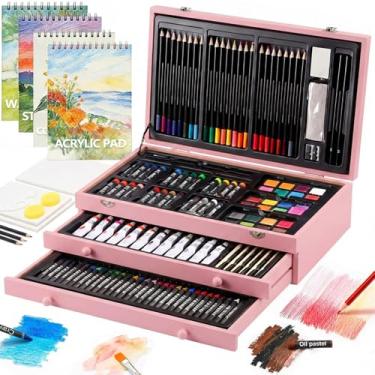 Imagem de Conjunto de arte de luxo de 194 peças, materiais de arte de desenho de pintura com 4 blocos de desenho, tintas acrílicas, giz de cera, lápis de cor conjunto em caixa de madeira, kit de arte caixa de
