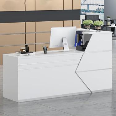 Imagem de Mesa de recepção moderna em forma de L com gaveta com trava, prateleira aberta e bandeja de teclado - balcão frontal ideal para salão, saguão ou escritório - 120 cm (branco)