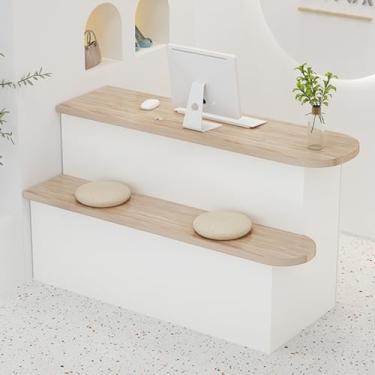 Imagem de Mesa de recepção, balcão de recepção, balcão de caixa de varejo, mesa de recepção moderna, balcão de caixa de recepção para salão de beleza, loja de conveniência, hotel/pequeno bar (cor: madeira +