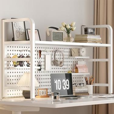 Imagem de Estante de mesa de computador, estante de mesa, prateleira de exibição de bancada, prateleira de mesa com placa perfurada, estante de mesa de metal para mesa de computador, prateleira organizadora de