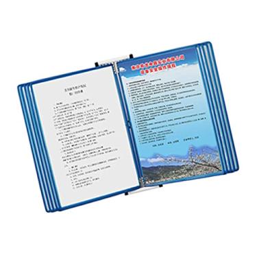 Imagem de Rack de exibição de catálogo de montagem na parede - Organizador de referência de metal de 10 páginas, pasta de exibição flip de 20 folhas, sistema de pendurar na parede azul para fácil acesso e