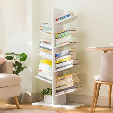 Imagem de Estante de árvore alta e estreita para espaços pequenos, torre vertical de prateleira de livros, estante de escada para quarto/sala de estar/escritório em casa